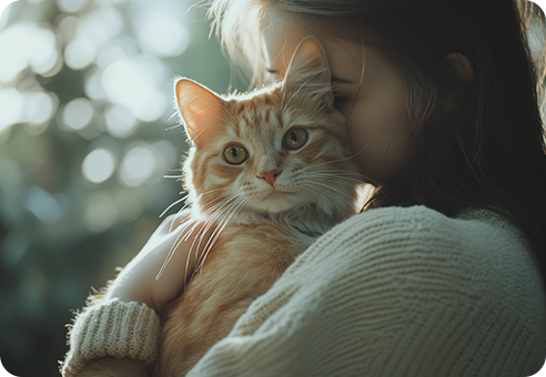 猫を抱っこする女性の画像