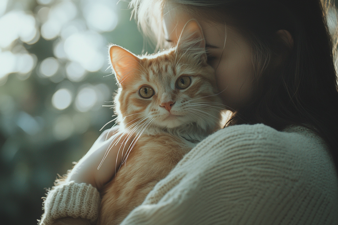 猫を抱っこする女性の画像